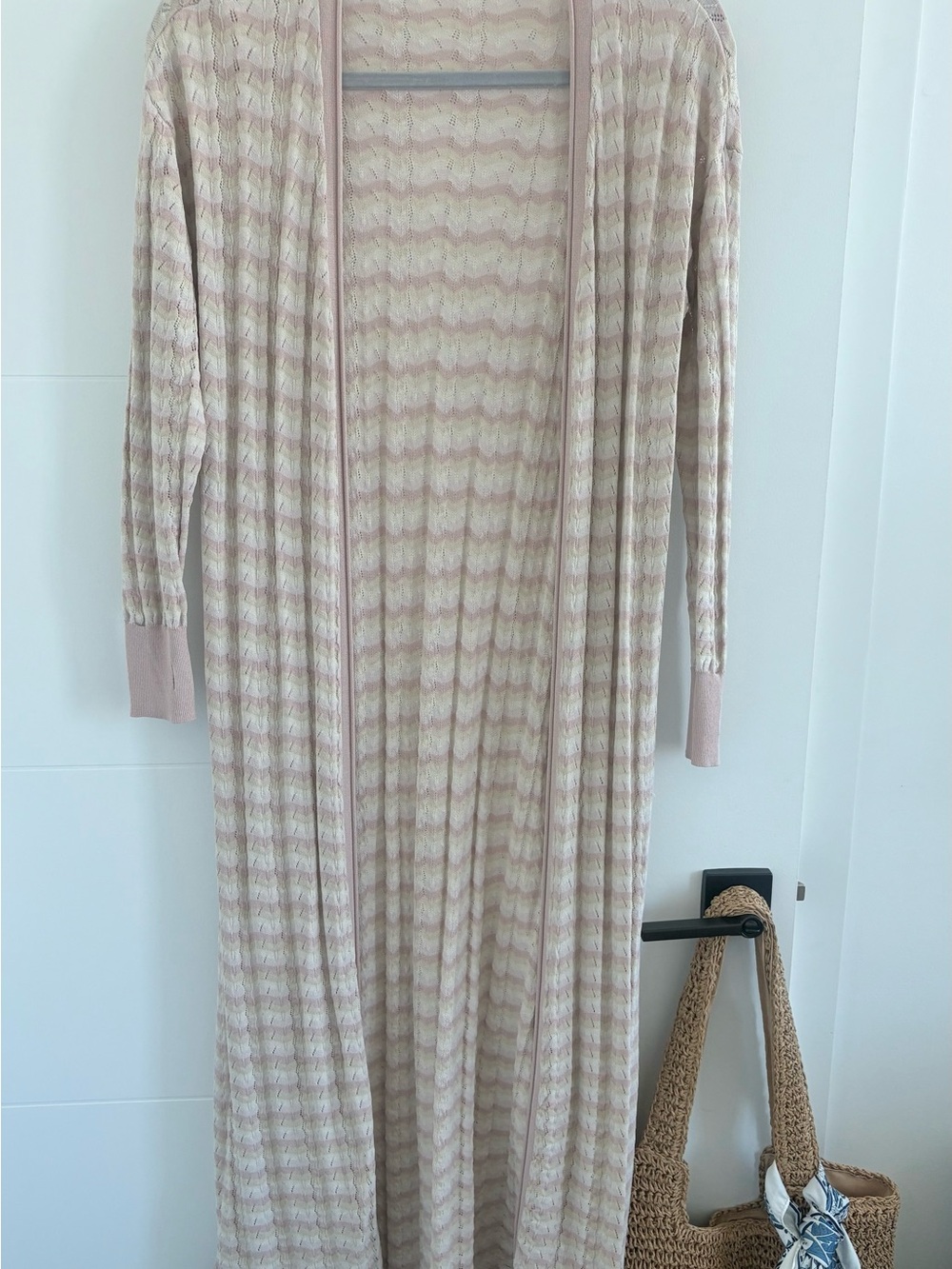 Free People Long Open-Front Maxi Knit Cardigan / Duster in Light Pink & Cream